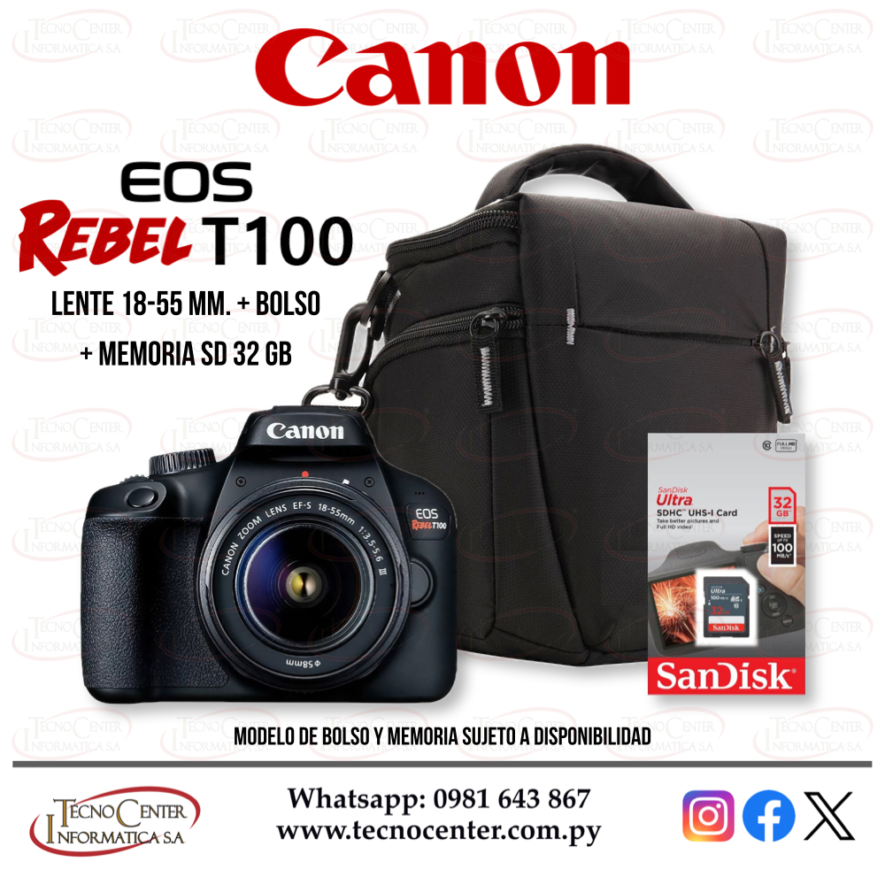 Cámara Canon EOS Rebel T100 + Bolso + Memoria SD